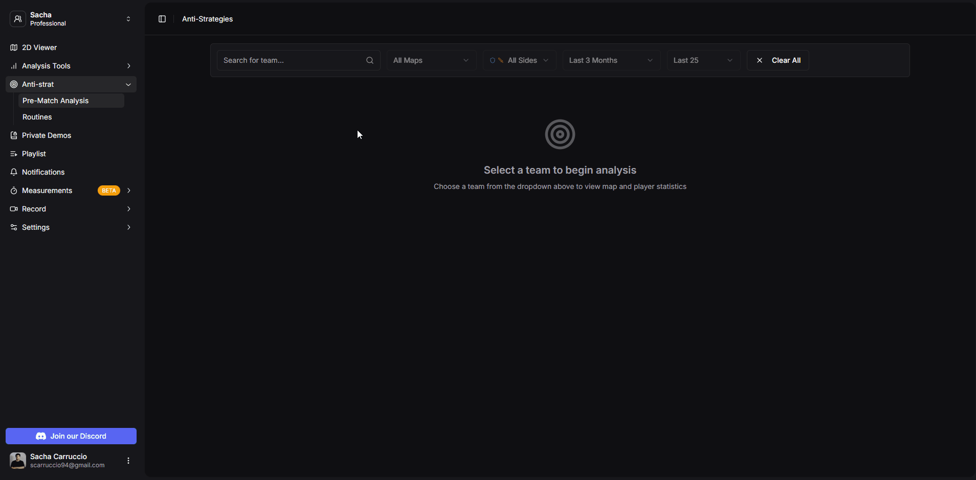Pre-match analysis filter selection