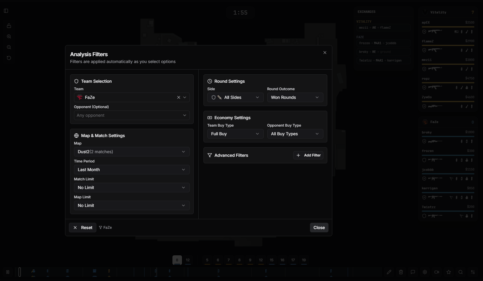 Advanced filters configuration panel
